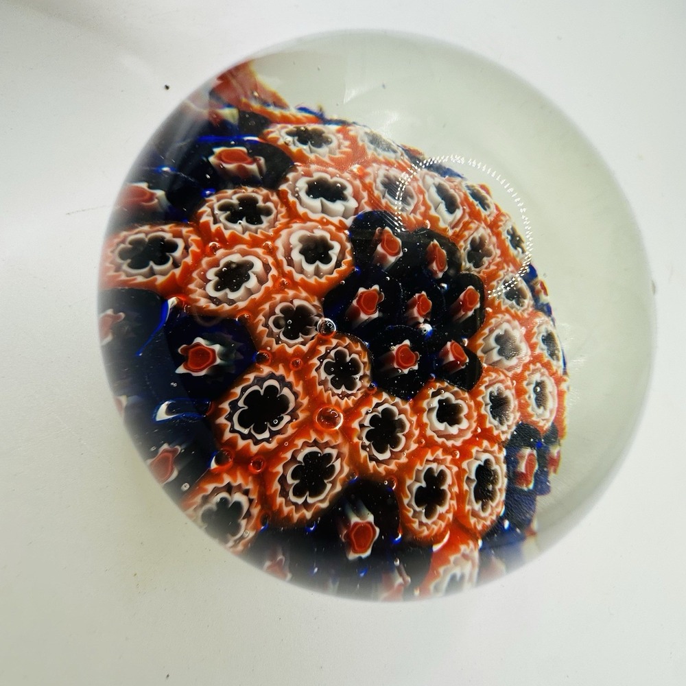 Vintage‎ Millefiori Art Glass Paperweight Blue Red White,Floral Groovy MCM Decor